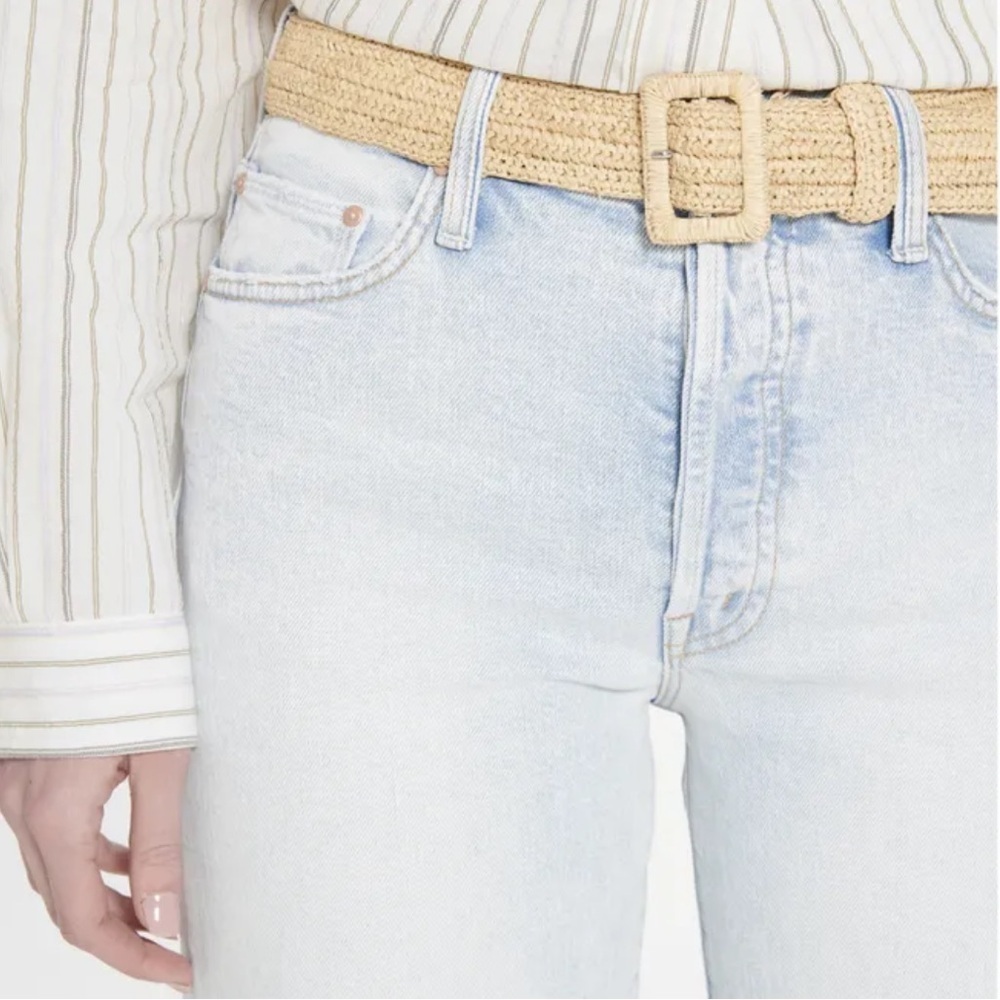 VANESSA BRUNO hand woven natural raffia belt classic rectangle buckle beige OS